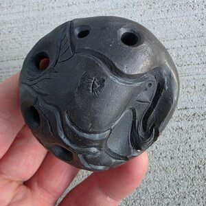 Signed Studio Pottery Clay Ocarina Fish 
Motif MMCMXV Carved Art Whistle 2.5”